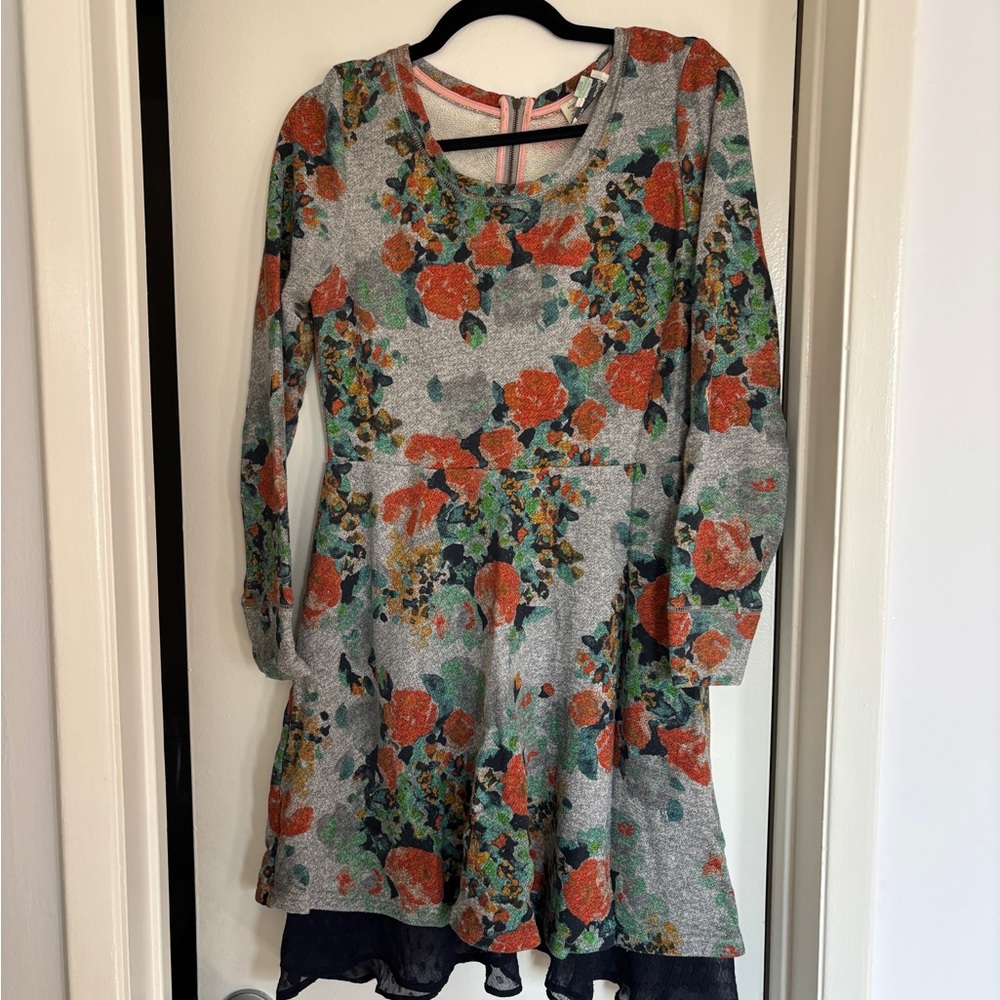 Anthropologie Floral Long Sleeve Sweatshirt Dress - Gray and Orange